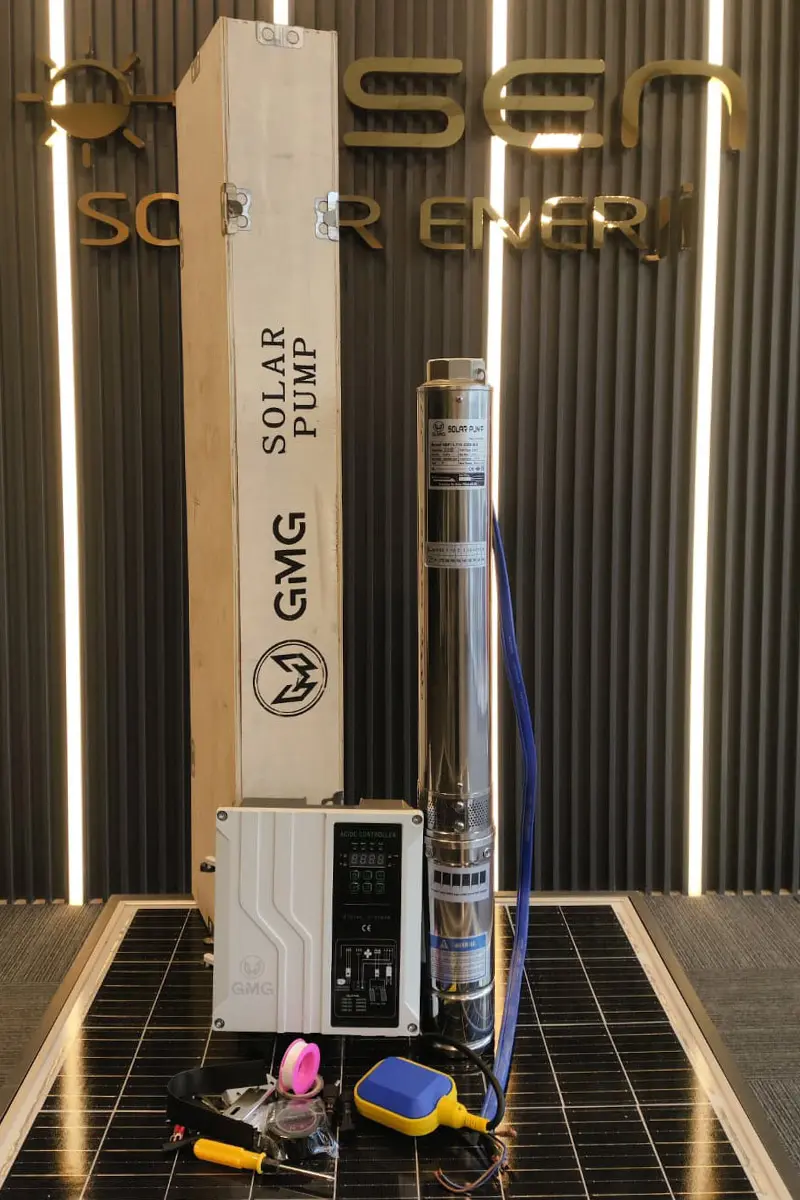 300 Volt 2200 Watt Maks 110 Metre 13 Ton Serisi 4 Inç Fanlı Sürücülü Ve Şebeke Destekli Su Bittiğinde Durma Özelliğine Sahip Şamandıralı Şebeke Destekli Dc Dalgıç Pompa